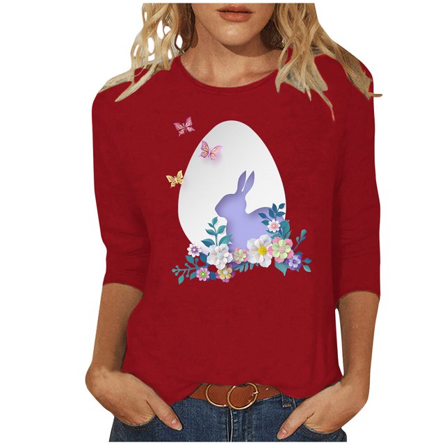 RKSTN Hauts pour Femmes Pâques Mignon Lapin Imprimé Coupe Ample Hauts Col Rond Manches 3/4 Printemps Été Blouse Douce Hauts