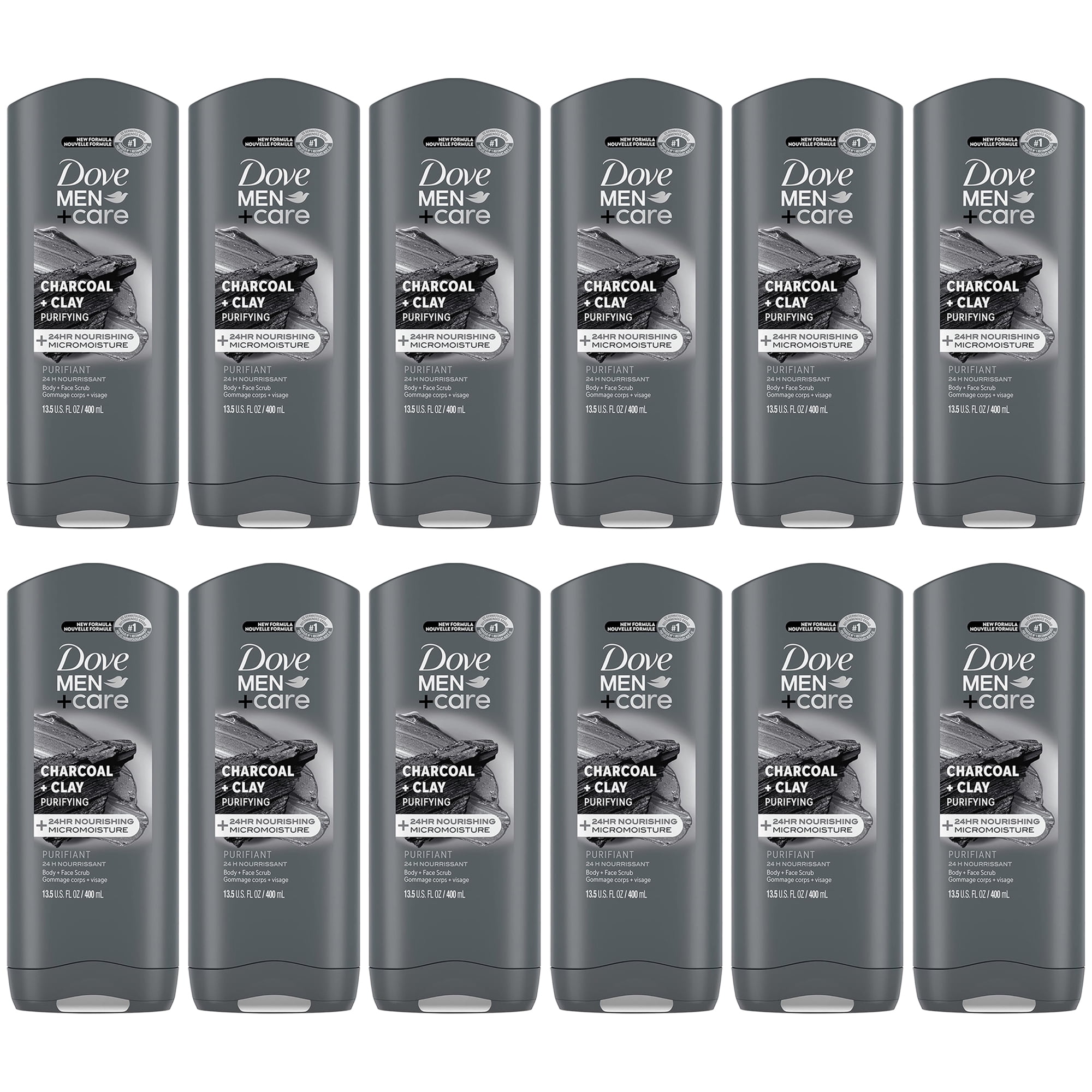 Pack of (12) DOVE MEN + CARE Purifying Charcoal + Clay Body and Face Wash with 24-Hour Nourishing Micromoisture Technology Body Wash for Men, 13.5 oz