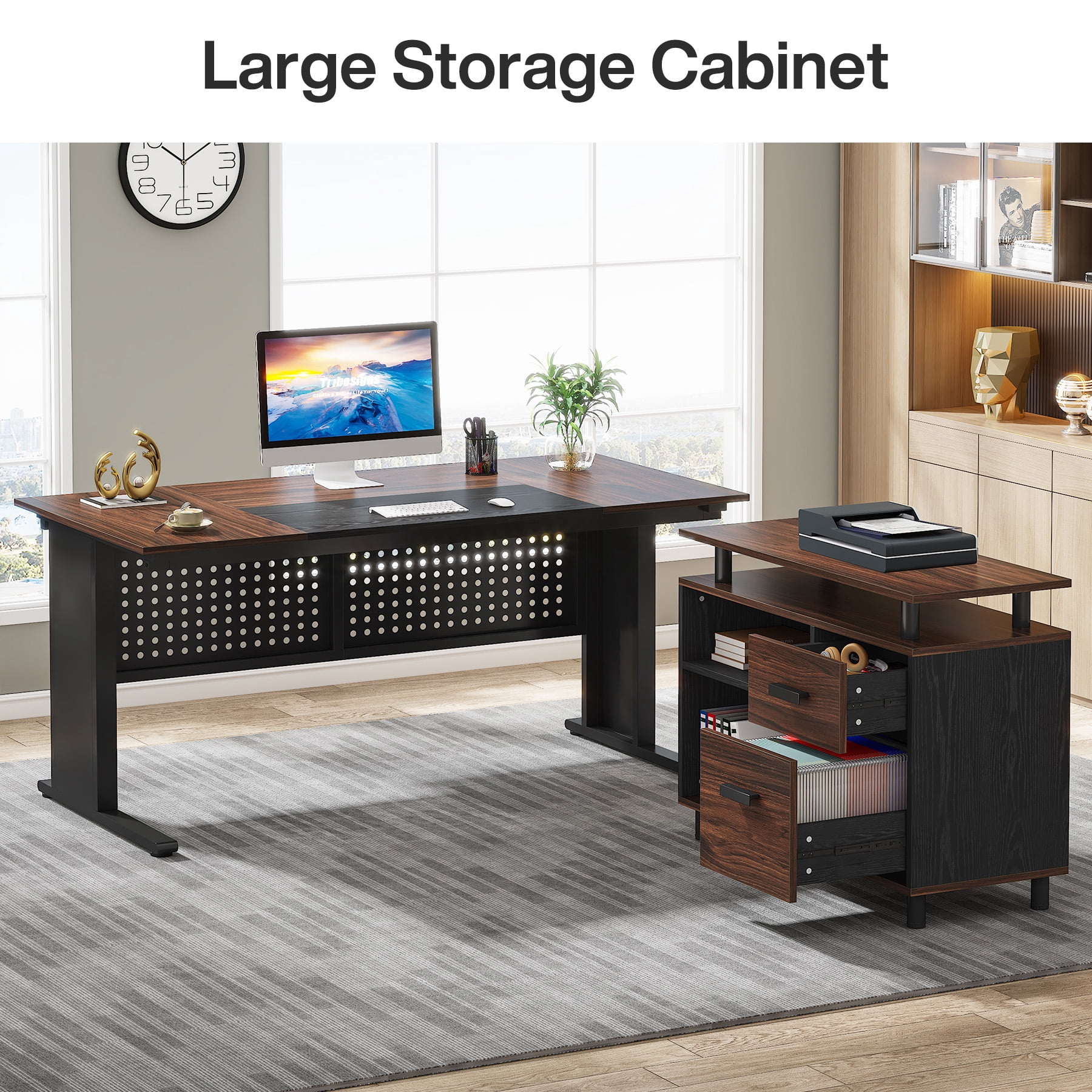 Finmind Executive Desk with File Cabinet, 63 Inch L Shaped Computer Desk with Drawers and Storage Shelves for Home Office, Brown and Black