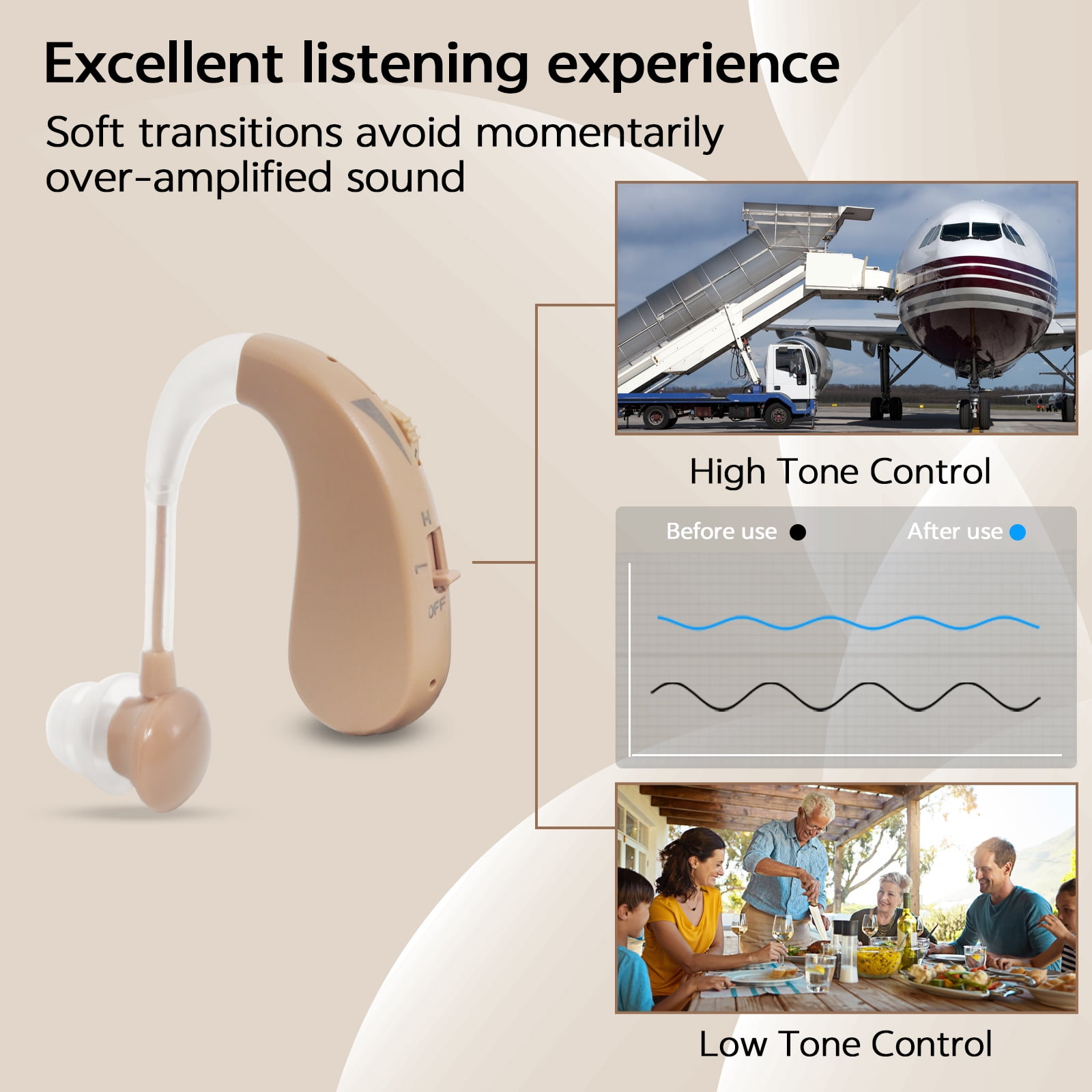 ELCTRTICI Hearing Aids for Seniors, VHP-1204 Behind-the-Ear Rechargeable Hearing Aid with Noise Cancellation, Designed for Hearing Loss, Single, Beige