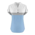 thumbnail image 4 of Tops for Women under $5.00 Cotton Linen Casual Color-Block Print Short Sleeve V-Neck T-Shirt Light Blue L, 4 of 5