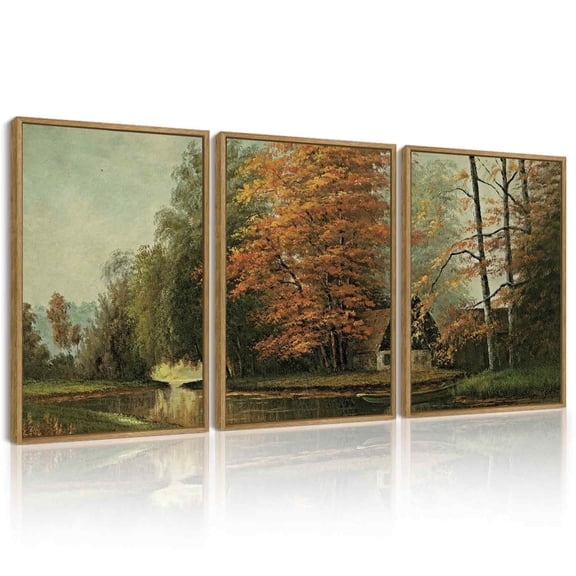 Drsoum Vintage Wall Art Countryside River Landscape Painting Retro Fall Scenery Farmhouse Bedroom Above of Bed Living Room Decor 12x16in3pcs Brown Framed