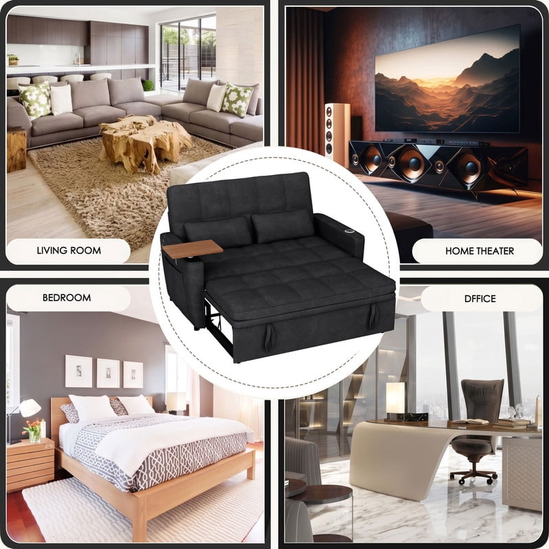 Anpport 3‑in‑1 Convertible Sleeper Sofa Bed, Pull‑Out Sofa with Side Desk, USB Ports, Cup Holders, Storage Armrests & Adjustable Backrest for Living Room Apartment, Black