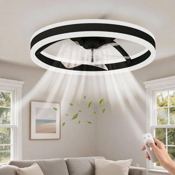 20 Inch Enclosed Caged Bladeless Fandelier With 4 E26 Bulb Sockets, 6 Speed Reversible DC Motor And Remote Control