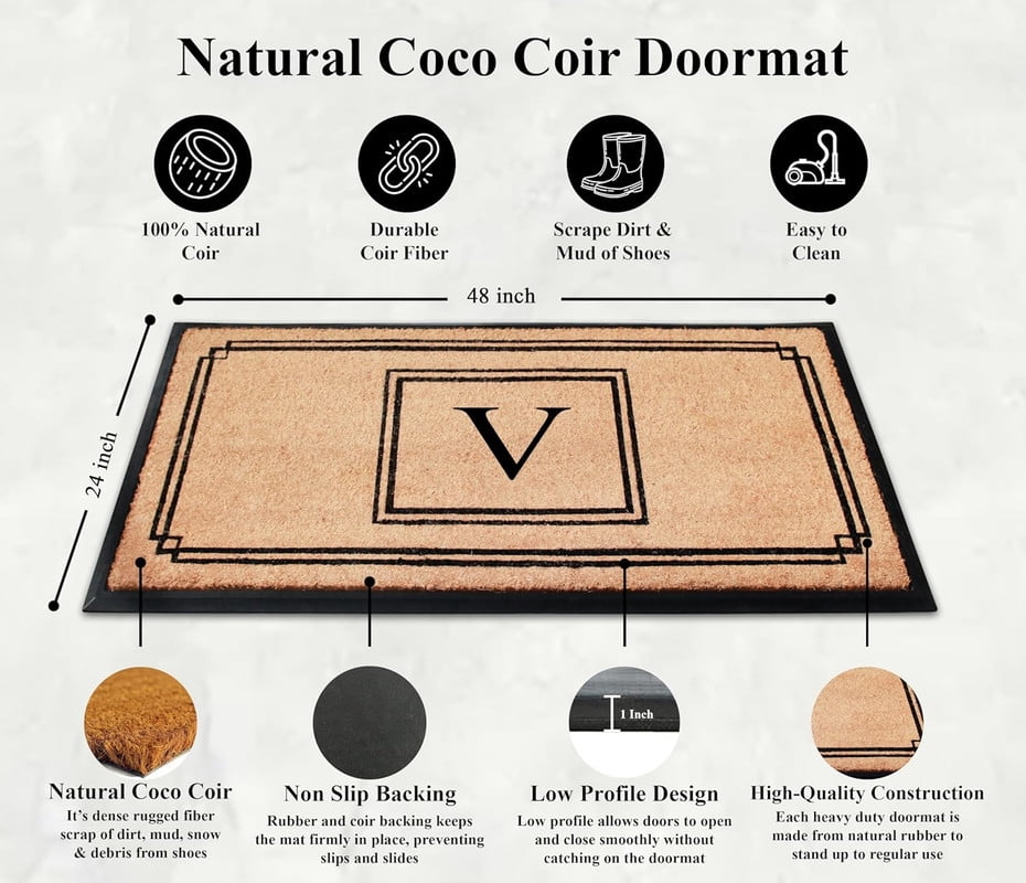 A1 Home Collections Rubber & Coir Mat, Heavy Duty, Extra Large, Front Door Mat 24"X48", Black/Beige Doormat Monogrammed V