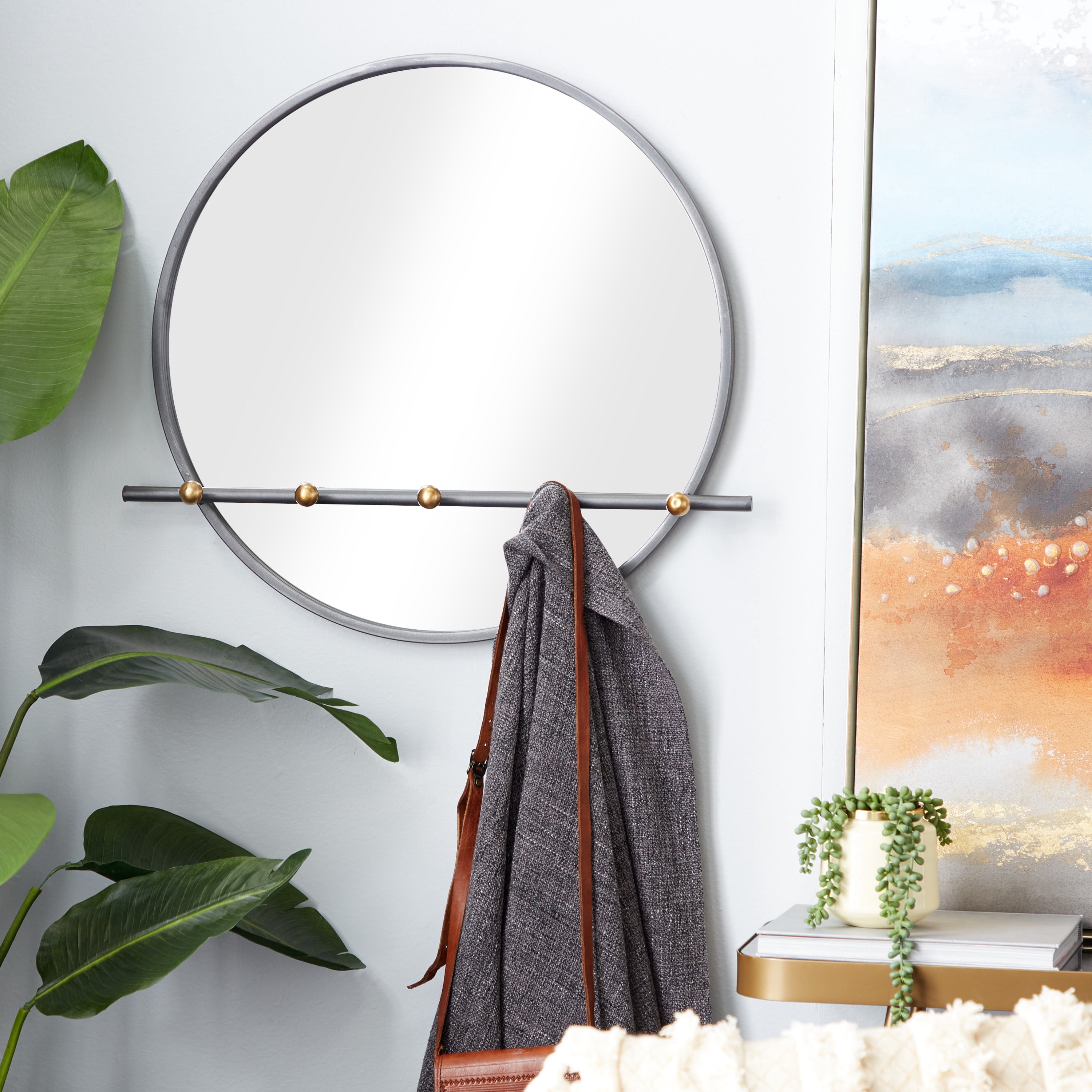 DecMode 26" x 24" Silver 5 Hooks Wall Mirror
