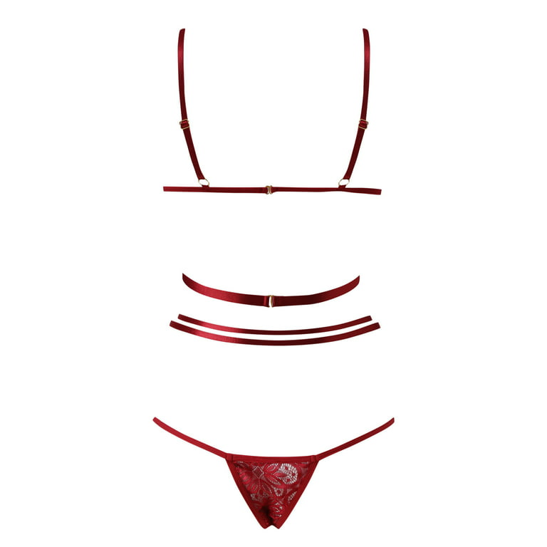 Pimfylm Summer Bodysuit For Women Women's Lace Lingerie Bra and Panty Set  Strappy Bodysuit Red Small 