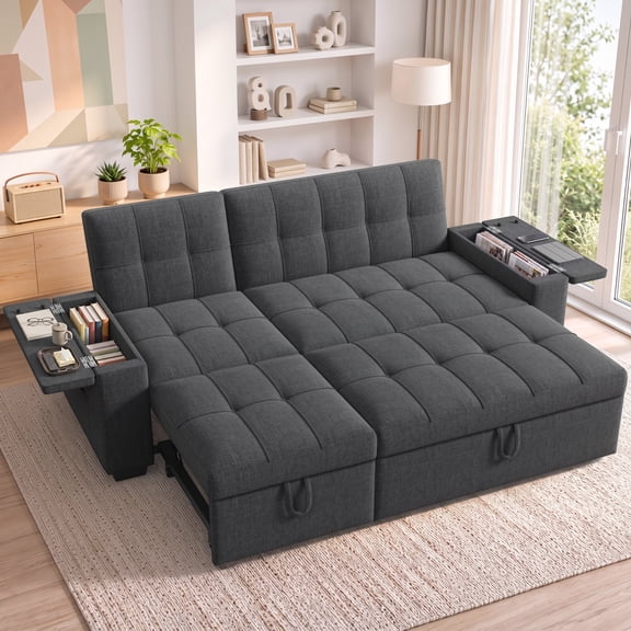 87" Convertible Sofa Bed, Noelse 3 in 1 Queen Size Sleeper Sofa with Adjustable Backrest, Storage Armrest & Side Pockets, Dark Grey