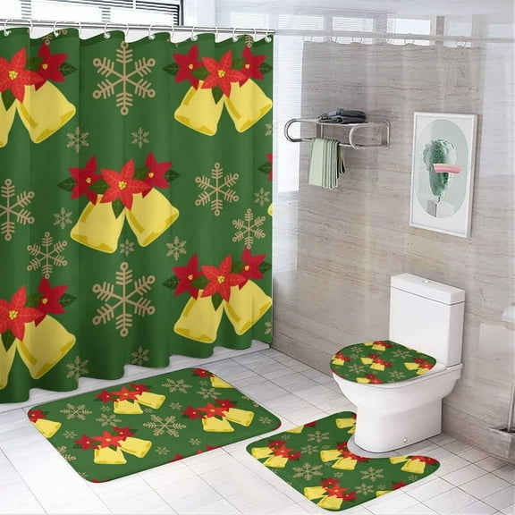 4 Pcs Xmas Shower Curtain Sets, Christmas Bells 4 Piece Bathroom Shower Curtains Decor Set with Non-Slip Rug, Toilet Lid Cover and Bath Mat, for Family Dormitory Decoration Use, 71 x 71 Inch