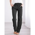 thumbnail image 3 of Women Fashion Casual Loose Pants Plus Size Cotton Linen Solid Mid Elastic Waist Pockets Long Straight Leg Pants, 3 of 5