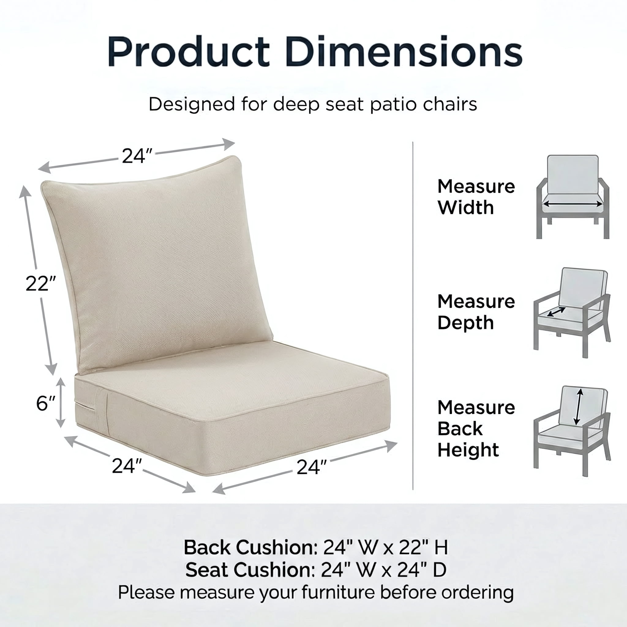 24 x 24 in Outdoor Olefin Patio Cushion Set with Back Pillow, 6 in Thick, Water- and Fade-Resistant, Beige
