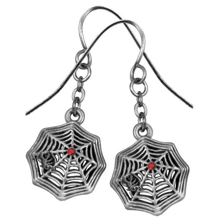 Silver Color Pewter Spider Web Earrings with Red Gem