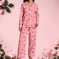 thumbnail image 4 of Bibifish Womens Pajama Sets Pink Stripe & Cherry Printed Long Sleeve Sleepwear Sets Button Down Pj Top With Elastic Waist Pants Cute 2 Piece Pj Sets, 4 of 8