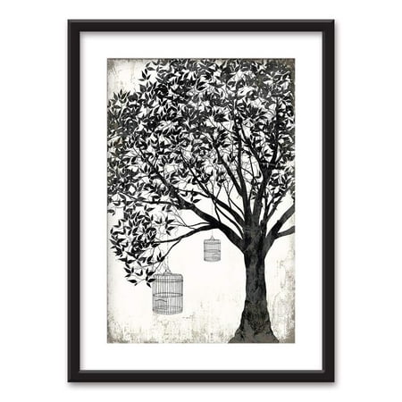 Black And White Bird Pictures wall26 - Framed Wall Art - Bird Cages Hanging on a Tree in Black White - Black Picture Frames White Matting - 23x31 inches ()