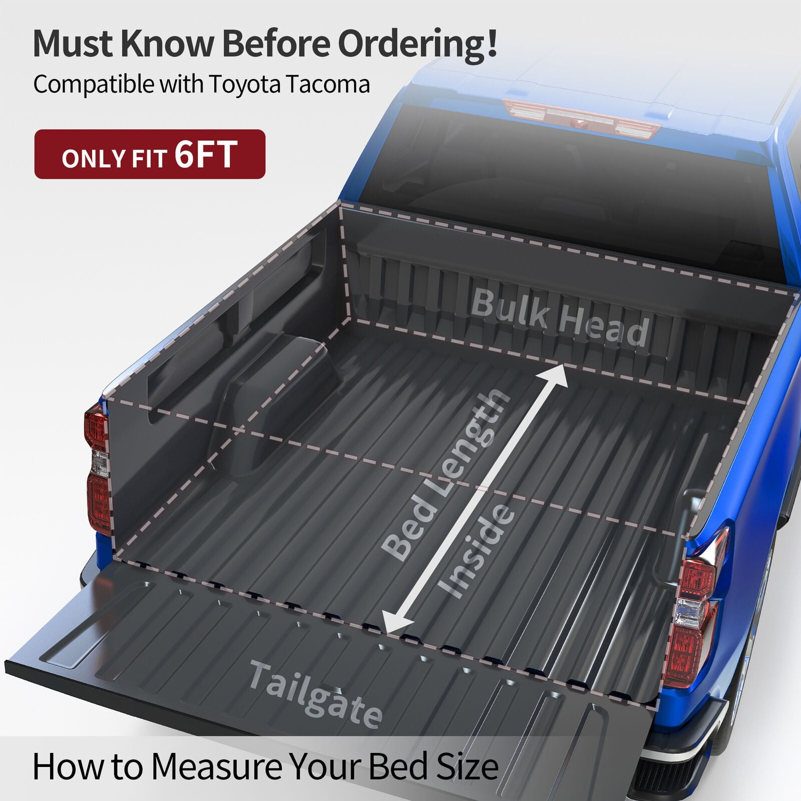 RVNI 3 Fold 6FT Soft Truck Bed Tonneau Cover For 2016-2023 Toyota Tacoma w/ LED Lamp