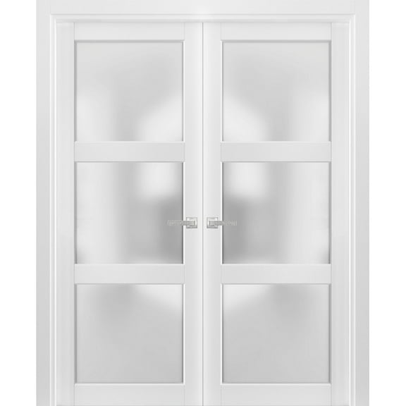 Solid French Double Doors 60 x 80 inches Frosted Glass 3 Lites