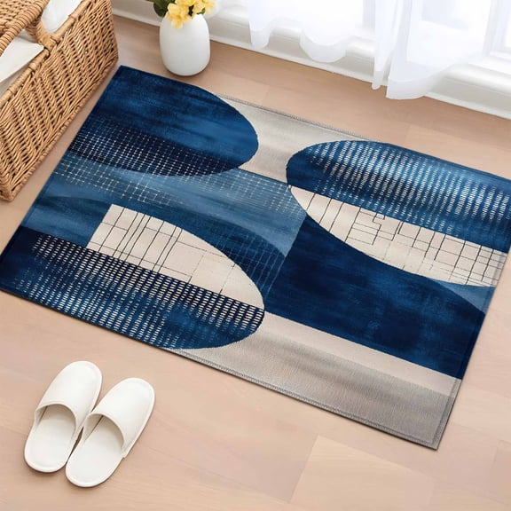 Navy Blue Geometric Bathroom Rug Washable 2x3 Entryway Rug Non Slip Boho Color Block Artwork Front Door Mat Low Pile Indoor Doormat Throw Floor Carpet for Kitchen Bedroom Entrance