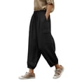 thumbnail image 3 of Feancey Cropped Pants for Women Summer Linen Harem Capri Pants Baggy Casual Cargo Pants Solid Color Lounge Cropped Trousers with Pockets Black M, 3 of 9