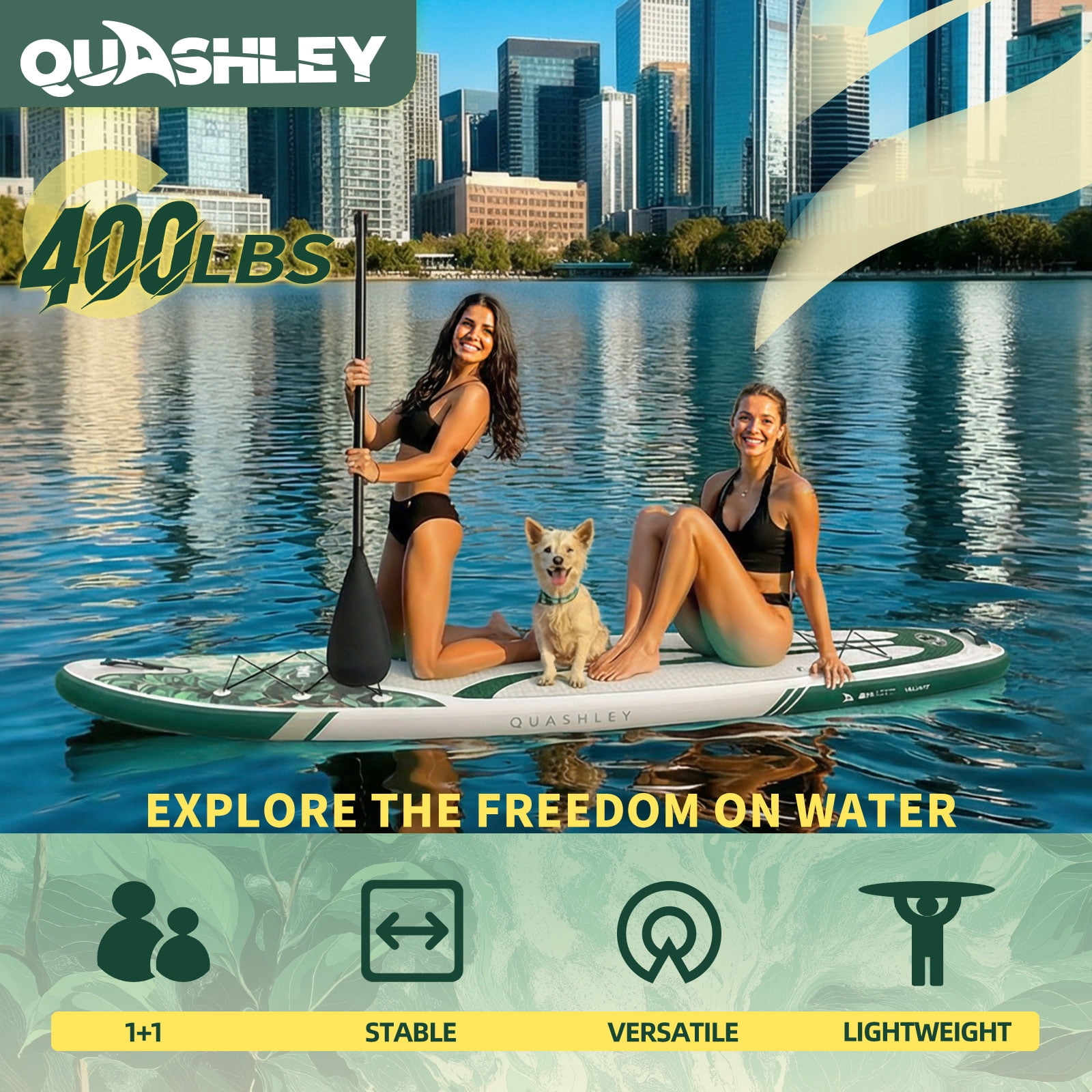 Quashley Wide Inflatable Stand up Paddle Board, 11 ft x 34 inch All-Around SUP Board with Paddle, Hand Pump, Backpack and Leash