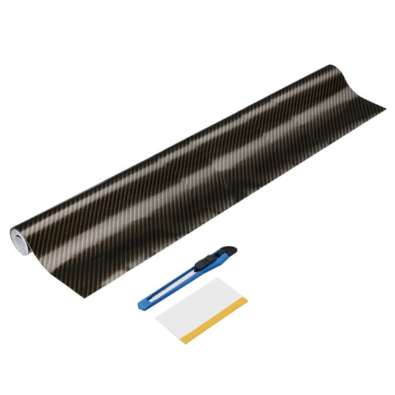 1 Set Carbon Fiber Vinyl Wrap 11.81" x 2ft Self-Adhesive Car Sticker Waterproof Wrap Roll for DIY Decor Automotive Exterior Interior Protection with Scraper Tool, Black Golden