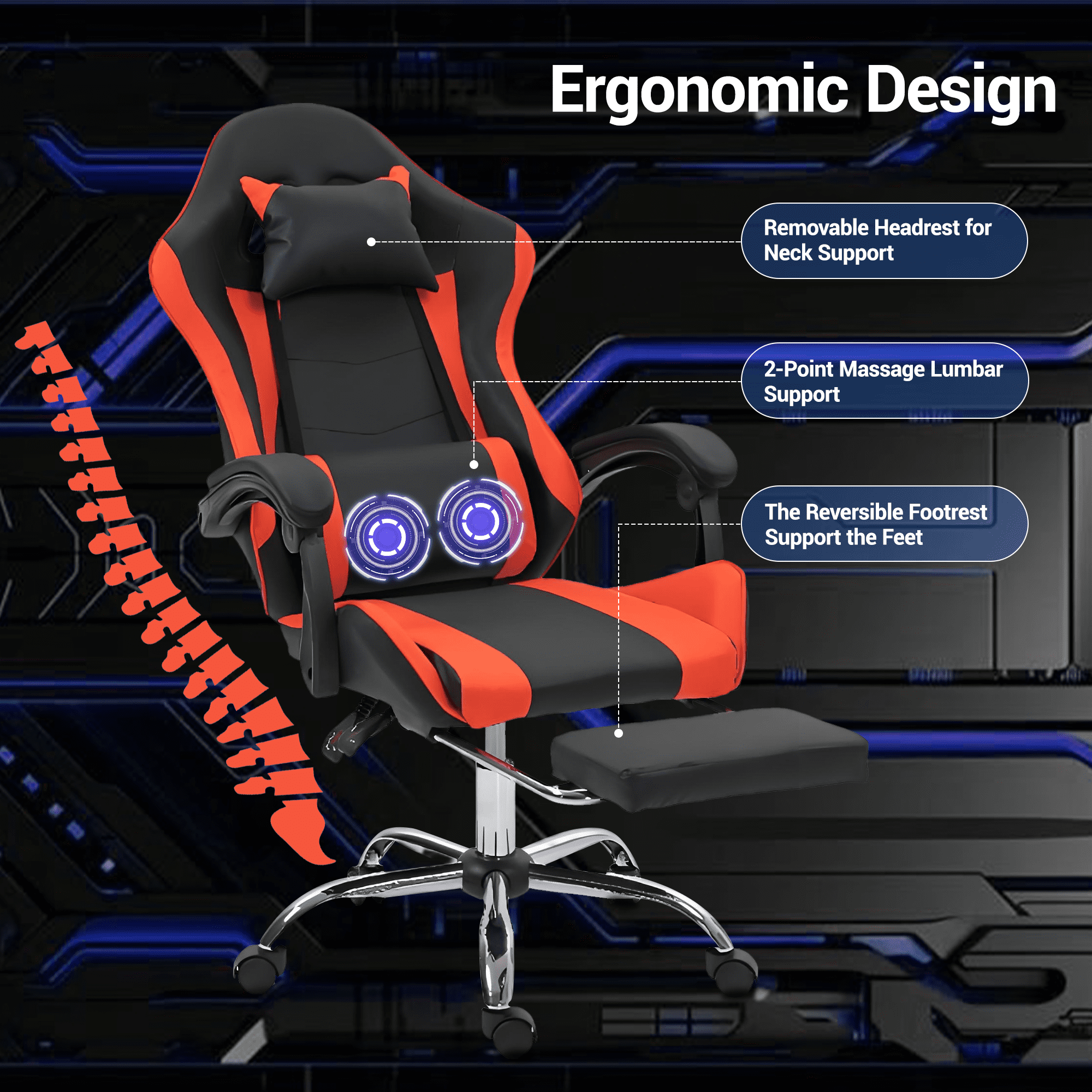 WENTUM Gaming Chair with Massage Lumbar Support - Ergonomic Video Game Chair for Adults, Adjustable Headrest & Footrest, 90-135° Recline, 360° Swivel, Red