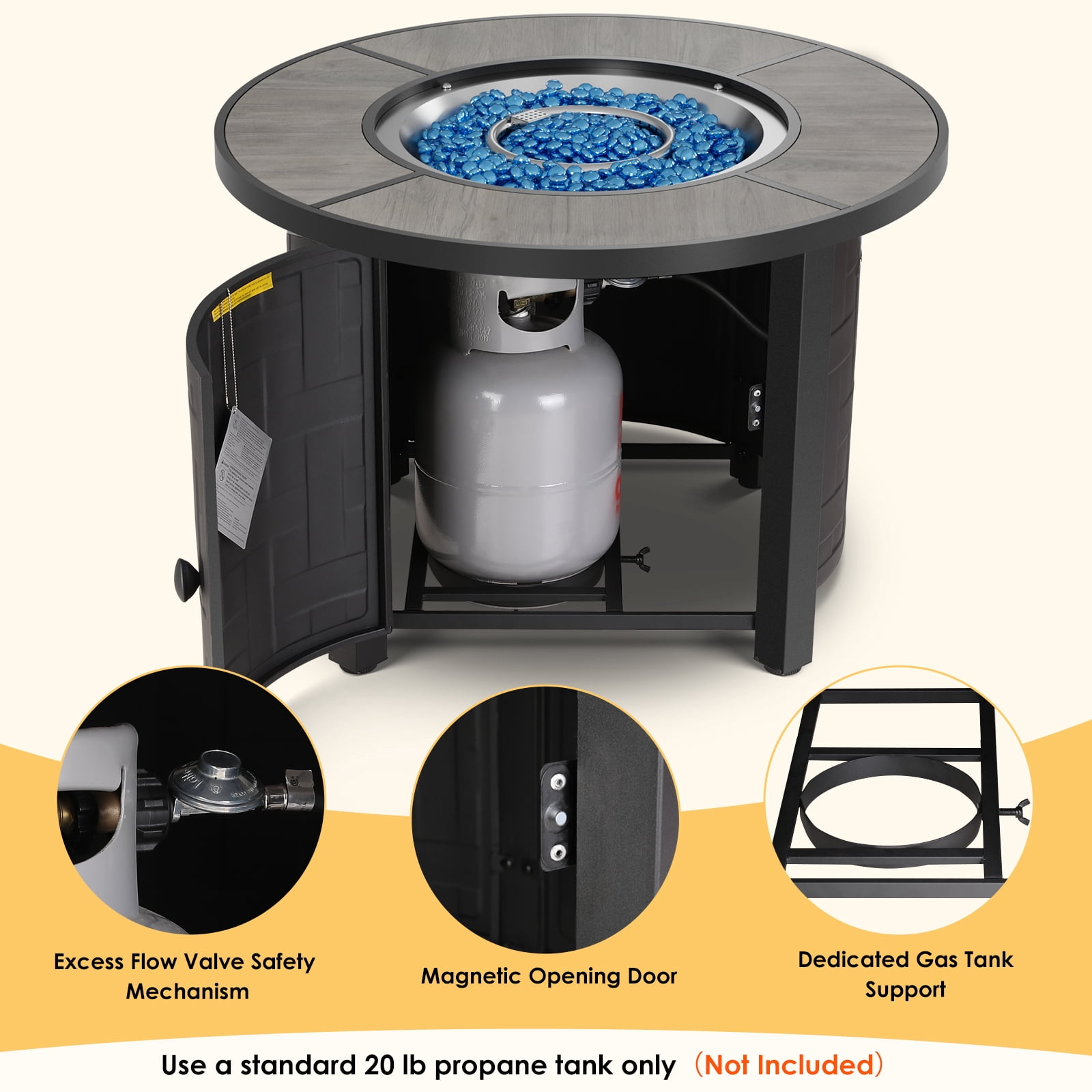LIFERUN Propane Fire Pit Table 30in, with Waterproof Cover, Blue Stone and Lid, 50,000 BTU Auto-Ignition Round Gas, for Outside Patio, Gray