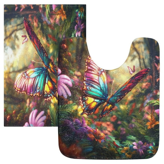 2 Piece Soft Bathroom Rug Set Colorful Butterfly Scene Bath Mat and U-Shaped Toilet Contour Rug (16"x24" 20"x24")