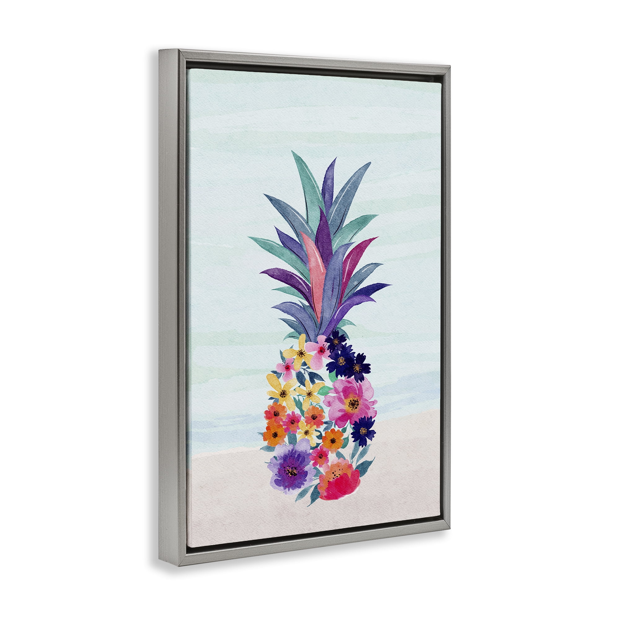 Stupell Industries Floral Pineapple Beach Plants & Flowers Painting Gray Floater Framed Canvas Art Print Wall Art, 17 x 25