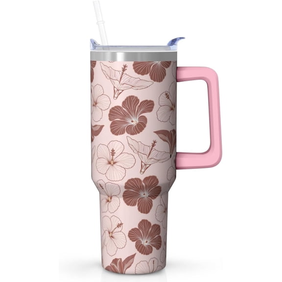 40 oz Tumbler with Handle and Straw, Stainless Steel Insulated Travel Cup with Tropical Hibiscus Flower Design in Pink