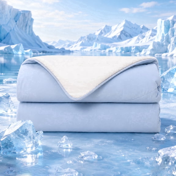 RestTwill Dual-Sided Cooling Comforter, Q-Max 0.56 Instant Chill Summer Blanket for Hot Sleepers, Lightweight Sorona Plant-Based Fill, Reversible Nylon & Lyocell Comforter, Queen, Blue/White