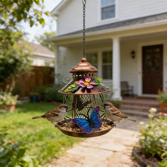 Weloille Outdoor Hanging Metal Bird Feeder, Heavy Duty Metal Bird Feeders for Outdoor Hanging, Wild Birdfeeder with Buckle for Garden Yard Outside Backyard
