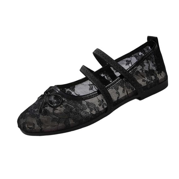 Shrysg Women's Ballet Flats Lace Mesh Mary Jane Shoes Double Criss-Cross Straps Bow Round Toe Slip-On Comfortable Casual Dressy Flat Shoes Black