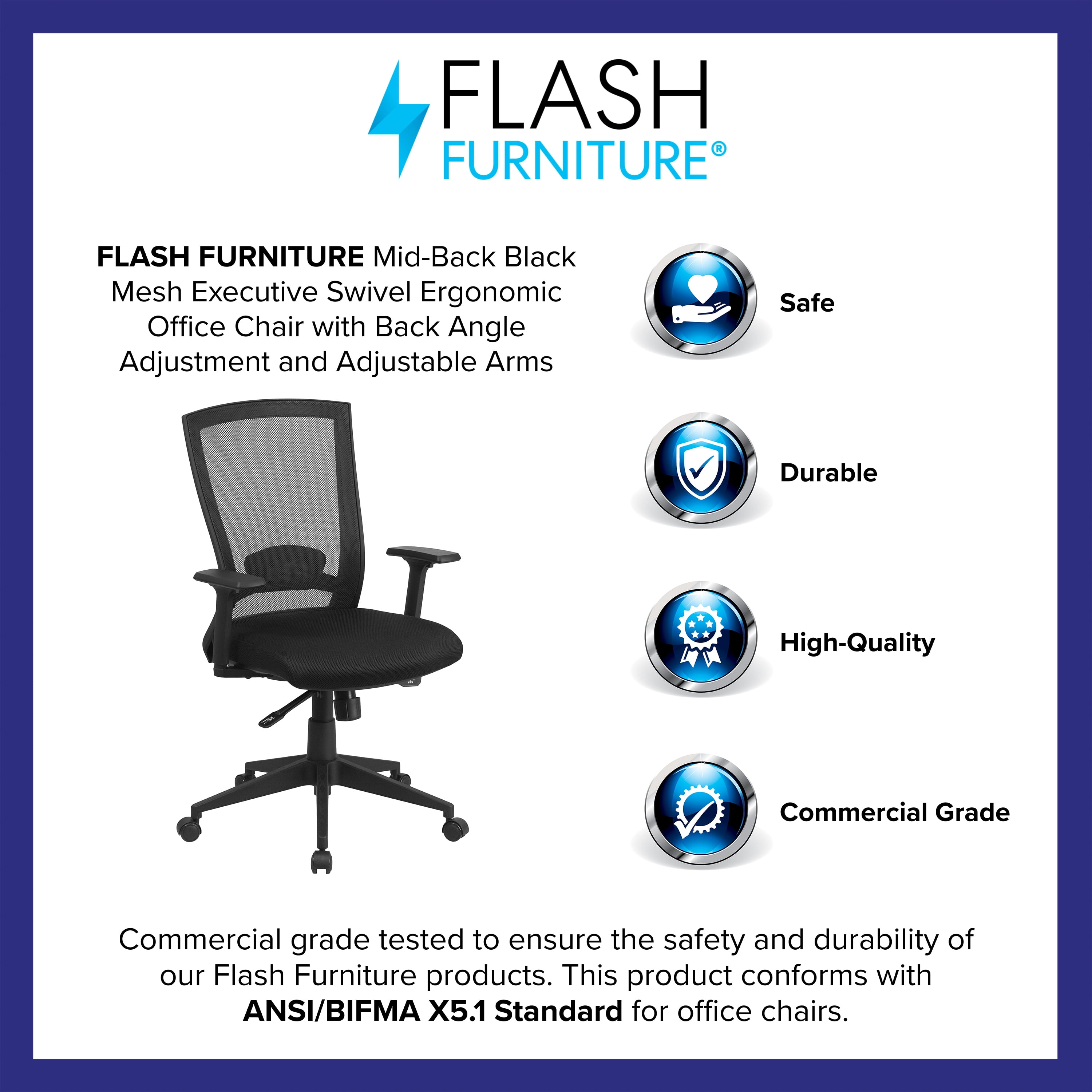 Flash Furniture Cleo Mid-Back Black Mesh Executive Swivel Ergonomic Office Chair with Back Angle Adjustment and Adjustable Arms