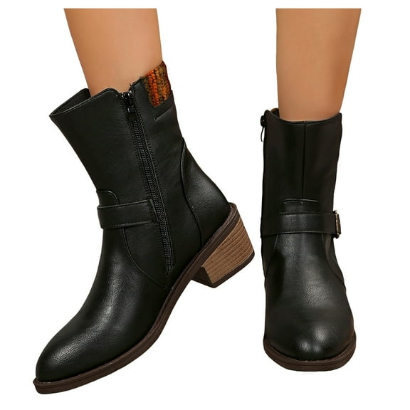 Ankle Boots for Women Splice Leather Stacked Heel Pointed Toe Zipper Wide Calf Stretch Knit Chelsea Booties