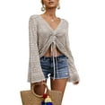 thumbnail image 5 of Womens Boho Off Shoulder Sheer Crochet Crop Top with Bell Sleeves Flowy Oversized Ruched Pullover Sweater, 5 of 5