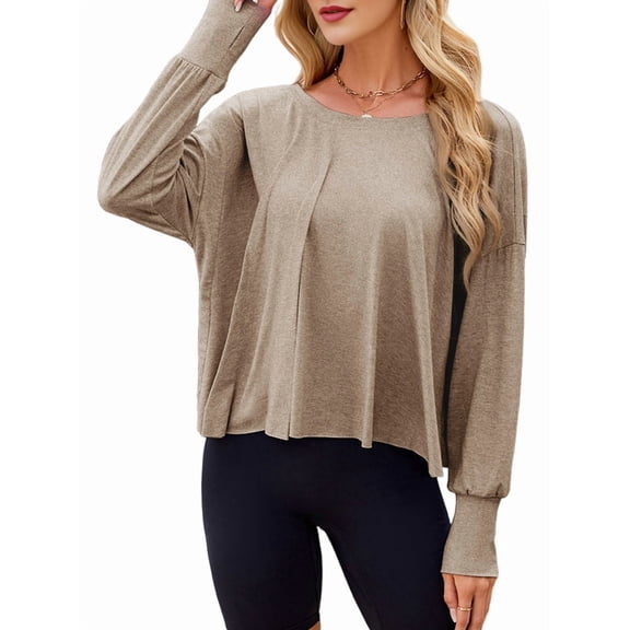 Women'S Long Sleeve Solid Color Loose - Fit Casual Yoga Top - Soft, Breathable for Yoga Khaki XL