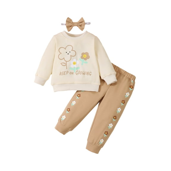 Baby Girls Cute Outfits Cartoon Floral Print Long Sleeve Sweatshirt Sweatpants with Headband Casual Fall Winter Clothing Set Apricot