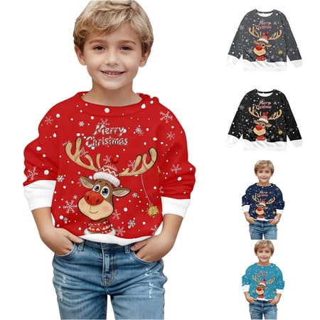 SONXAHE Holiday Graphic Sweatshirt for Tween Boys Reindeer Bell Print Long Sleeve Pullover Sweatshirts Winter Daily Hoodies Red