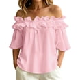 thumbnail image 2 of Uootdi Beach Tops for Women Off The Shoulder Ruffle Trim 3/4 Flare Sleeve Plain Soft Woven Loose Fit Coastal Holiday Cute Summer Tops for Women, 2 of 5