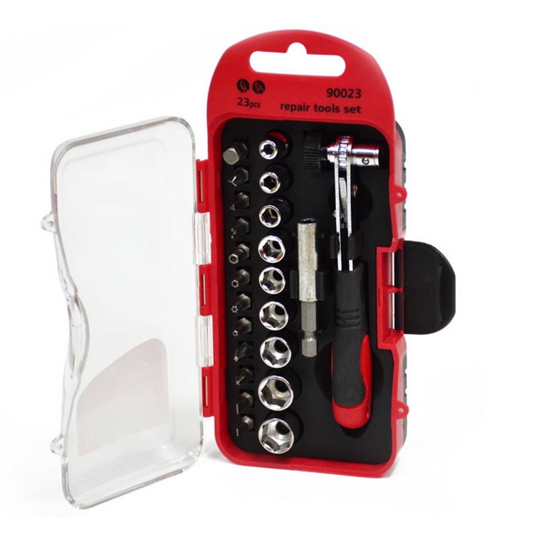 23Pcs Hand Torque Ratchet Wrench Tool Set Metric Socket Bit Small Tools Kit Box 