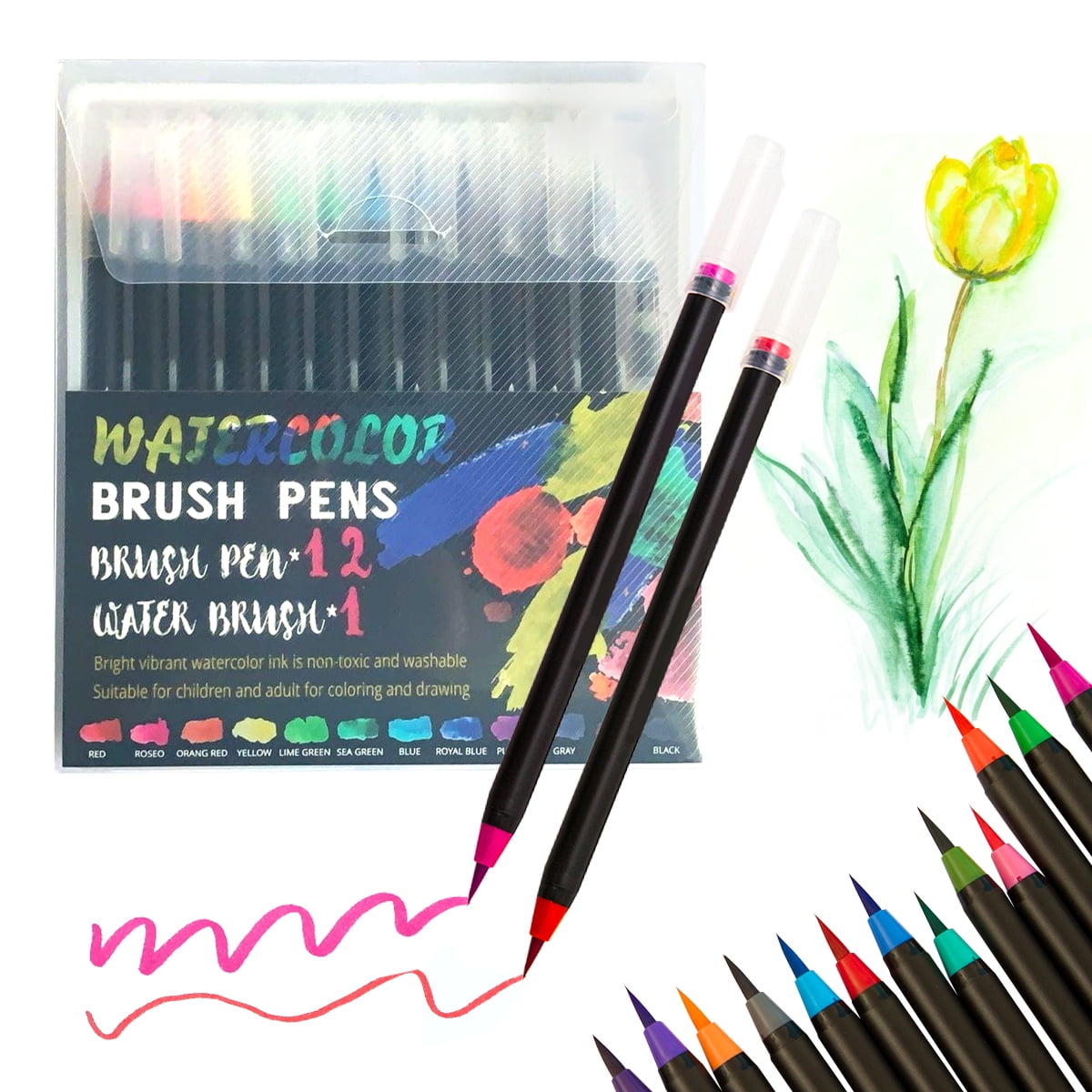 12 Vibrant Watercolor Brush Pens with Soft Flexible Brush Tips Artists