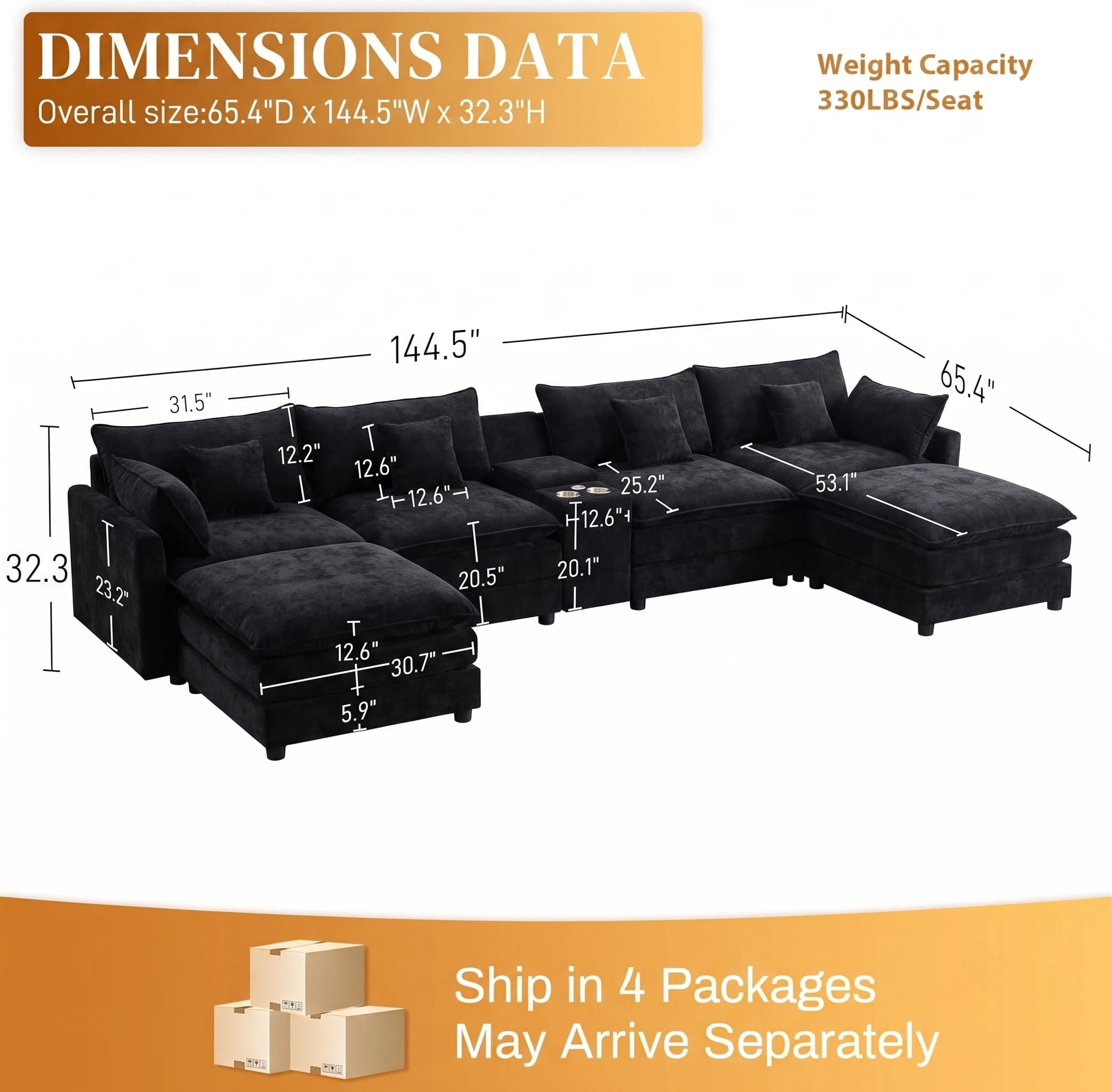 Vinform 145" U Shaped Cloud Couch Sectional with USB Charging, Hidden Storage, Cup Holders & Chenille Double Chaise, Black