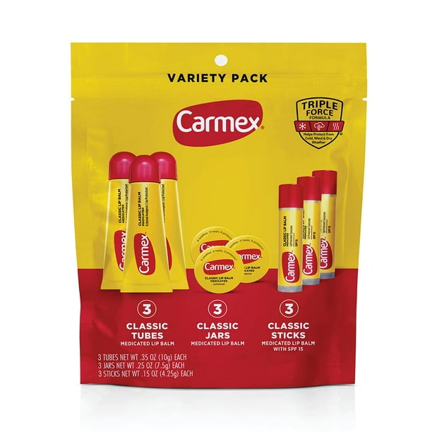 Bálsamo labial Carmex Classic Medication, paquete variado de 9 unidades