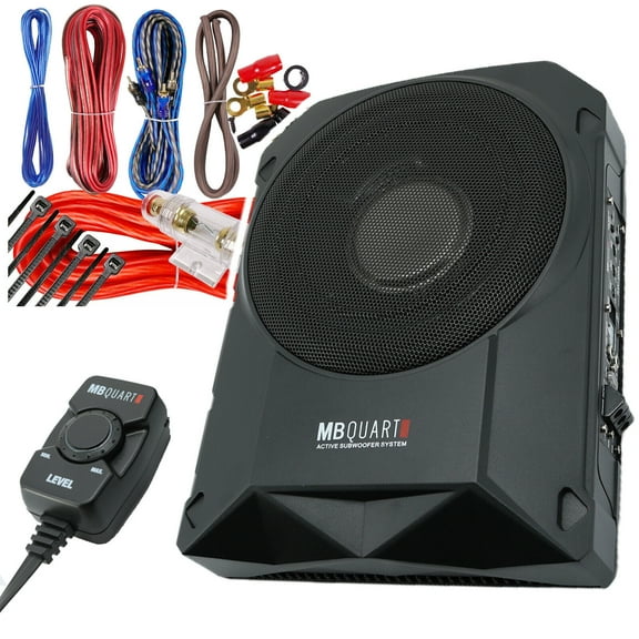 MB Quart RW-108A 600 Watt Slim Under-Seat Powered Car/Truck Subwoofer Sub Amp Ki Bundle