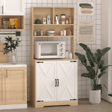 Kitchen Pantry Cabinet, 71" Tall Kitchen Storage Cabinet with Microwave Stand and Shelves, Farmhouse Kitchen Larder Cupboard for Dining Room, Natural