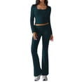 thumbnail image 2 of 2 Piece Square Neck Lounge Set Womens Wide Leg Pants Slightly Crop Top Sweatsuit Sets Green M, 2 of 9
