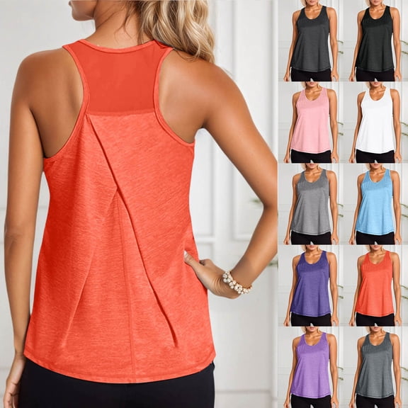 Sports Tops for Women Sleeveless Cropped Tank Tops Scoop Neck Basic Undershirt Running Yoga Active Shirts Loose Fit Gym Clothes (Light Blue,S)