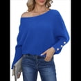 thumbnail image 3 of Suéter de Punto de Color Liso con Hombros Descubiertos y Larga para Mujer, Estilo Informal, Holgado y Moderno para Otoño Azul XL, 3 of 8