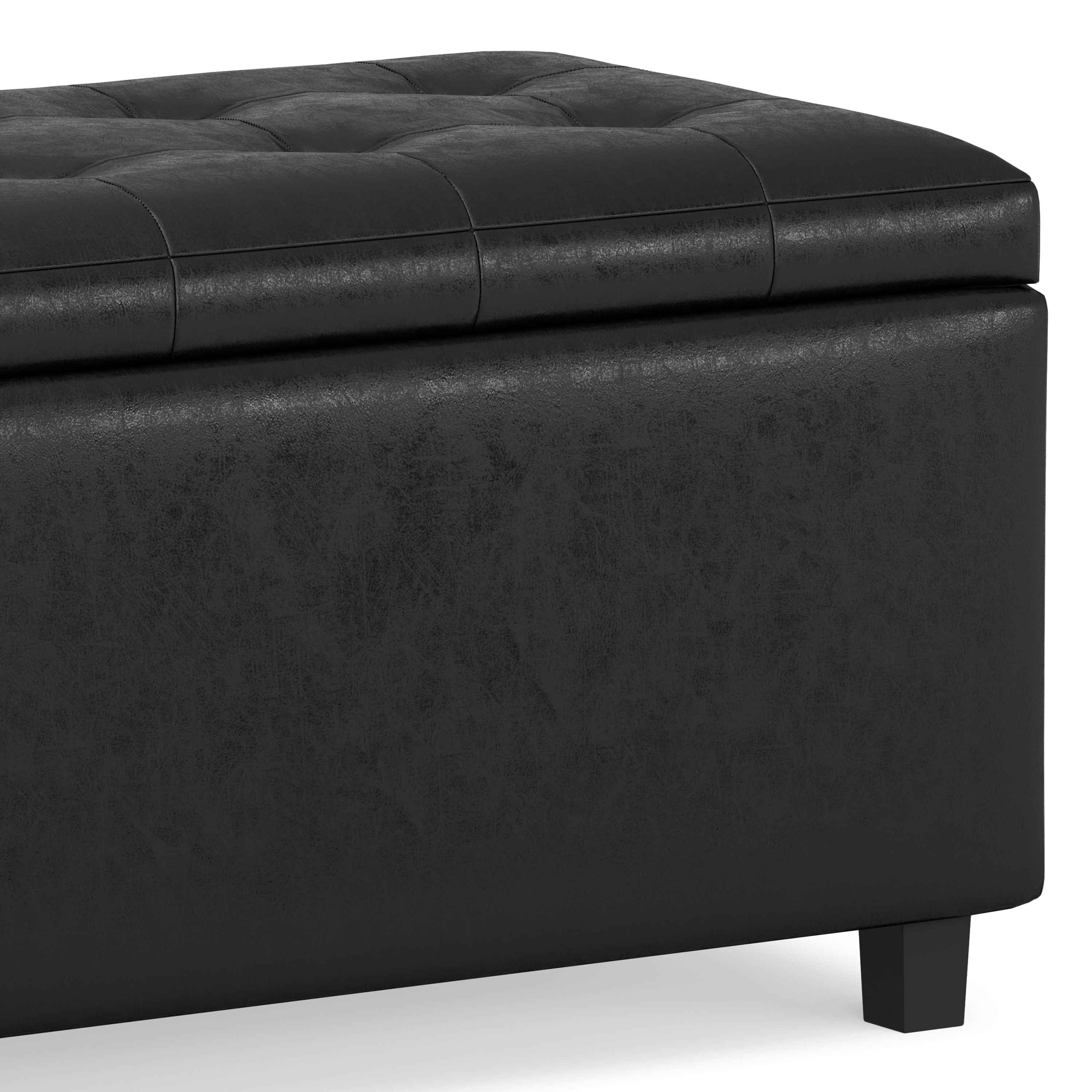 Simpli Home Cosmopolitan 34" Transitional Rectangle Ottoman in Black Faux Leather
