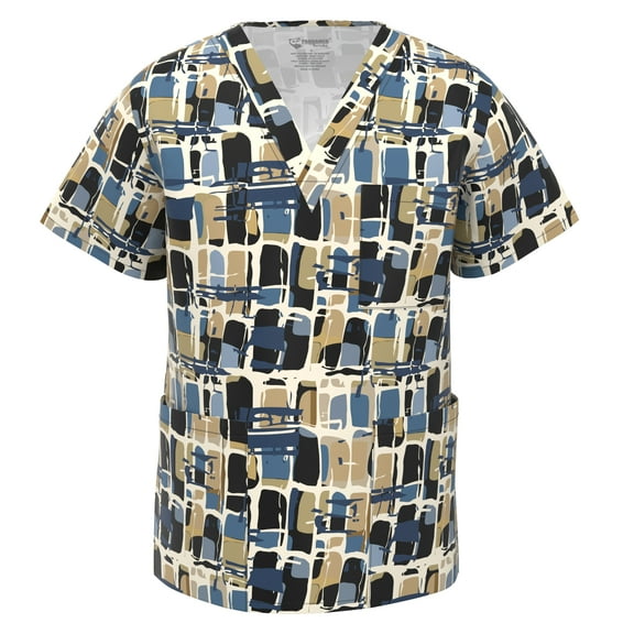 Men Stretch Print Scrub Top - Medical Uniform Men Nurse School Print Scrubs V Neck Top PSM105 M001 XL